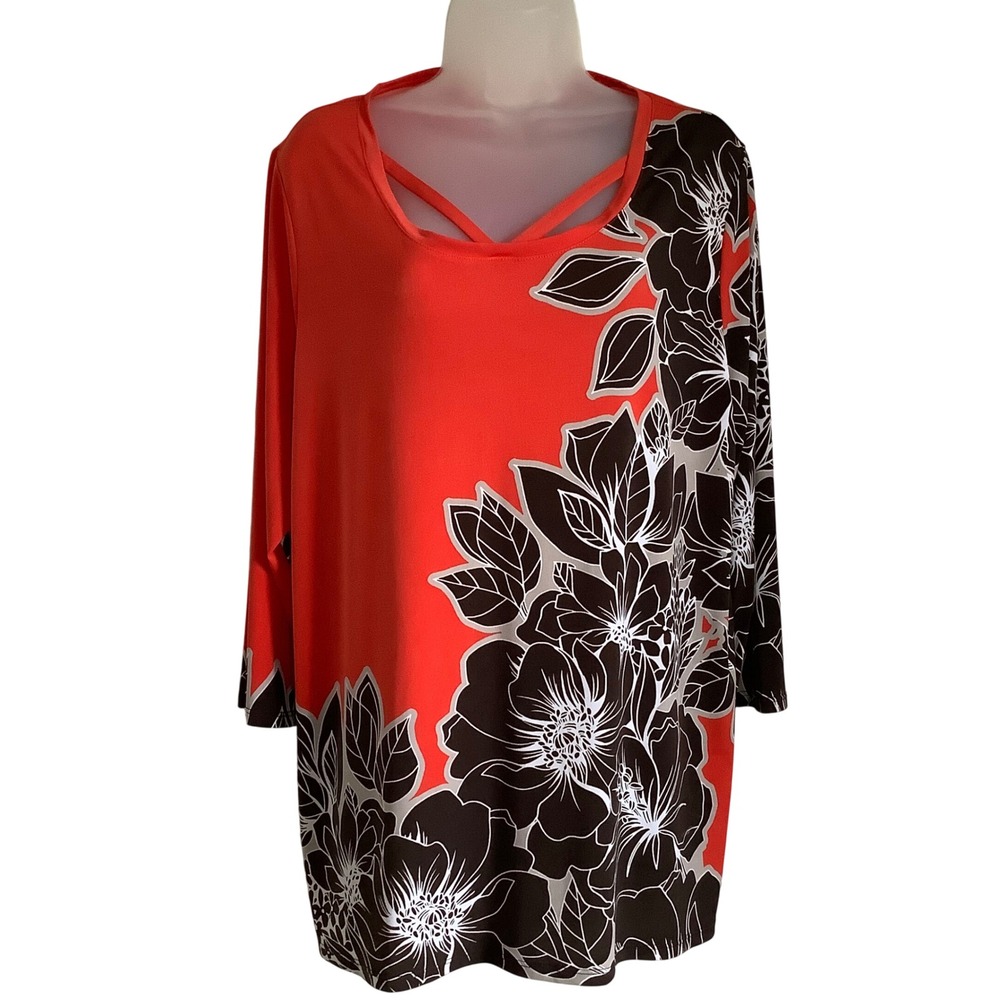Chicos Orange Brown Floral Lattice Neck Tunic Top 3/4 Sleeve Size 3 XL